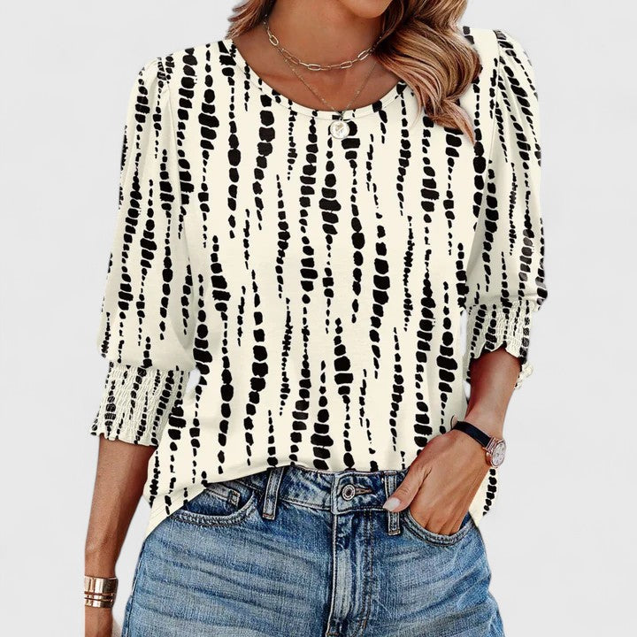 Women's Top with Smocked Cuffs and Round Neck - Black Dots