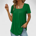 Women's Blouse Short Sleeve with Square Neckline and Pleated Front - Dark Green