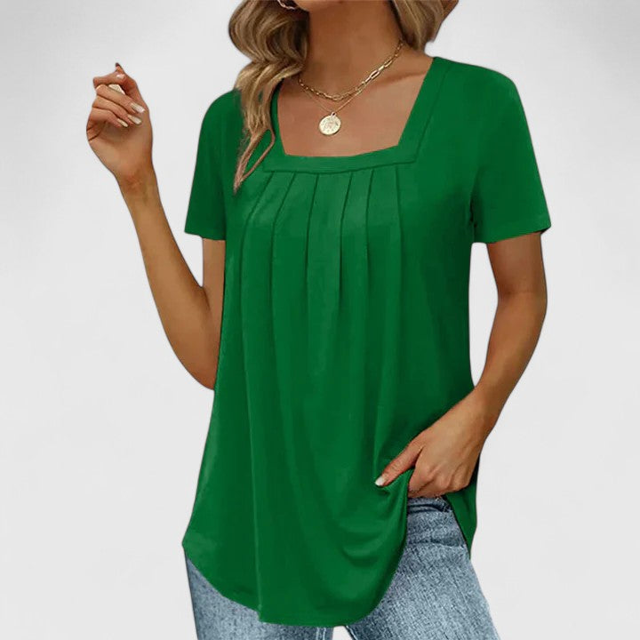 Women's Blouse Short Sleeve with Square Neckline and Pleated Front - Dark Green