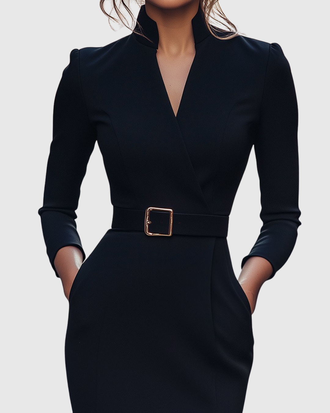 Women's Pencil Midi Dress with Wrap Neckline and Three-Quarter Sleeves - 3
