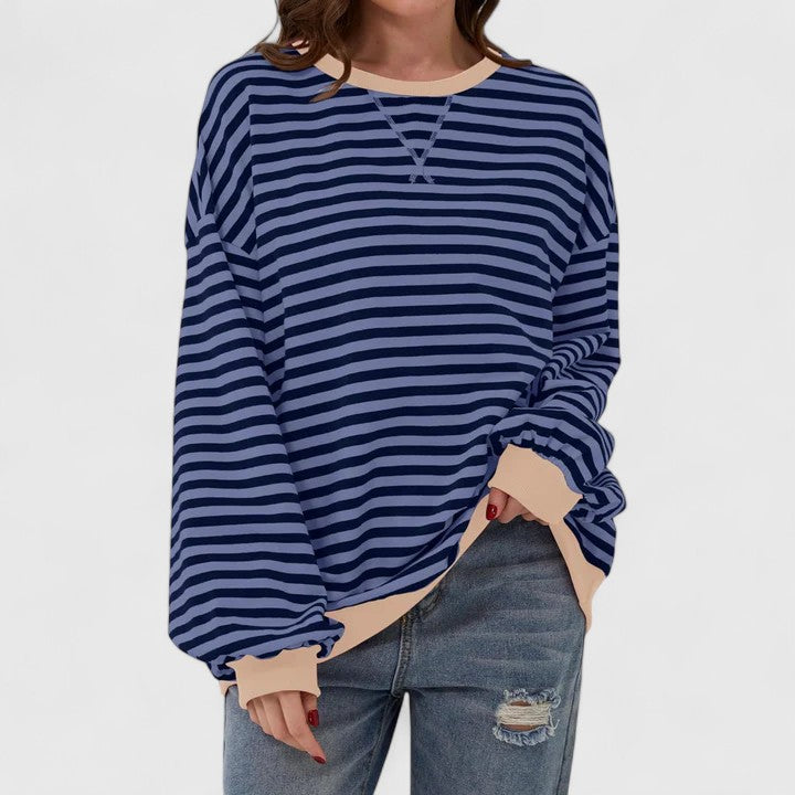 Women's Jumper Striped with Round Neck and Long Sleeves - Blue