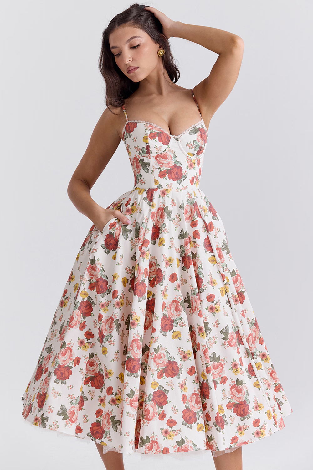 Women's Corset Midi Dress with A-Line Skirt and Sweetheart Neckline - 16