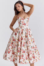 Women's Corset Midi Dress with A-Line Skirt and Sweetheart Neckline - 16