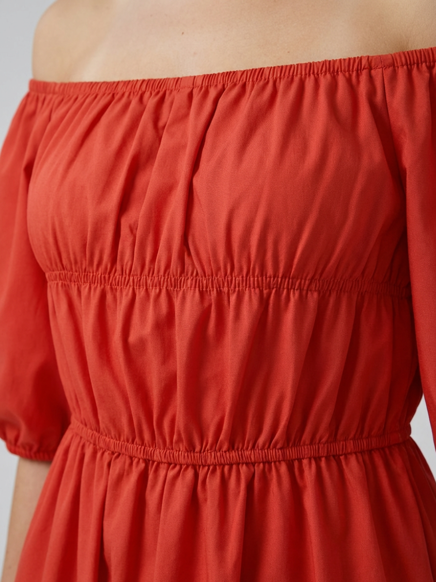 Women's Off-Shoulder Mini Dress with Puff Sleeves and A-Line Silhouette - Red