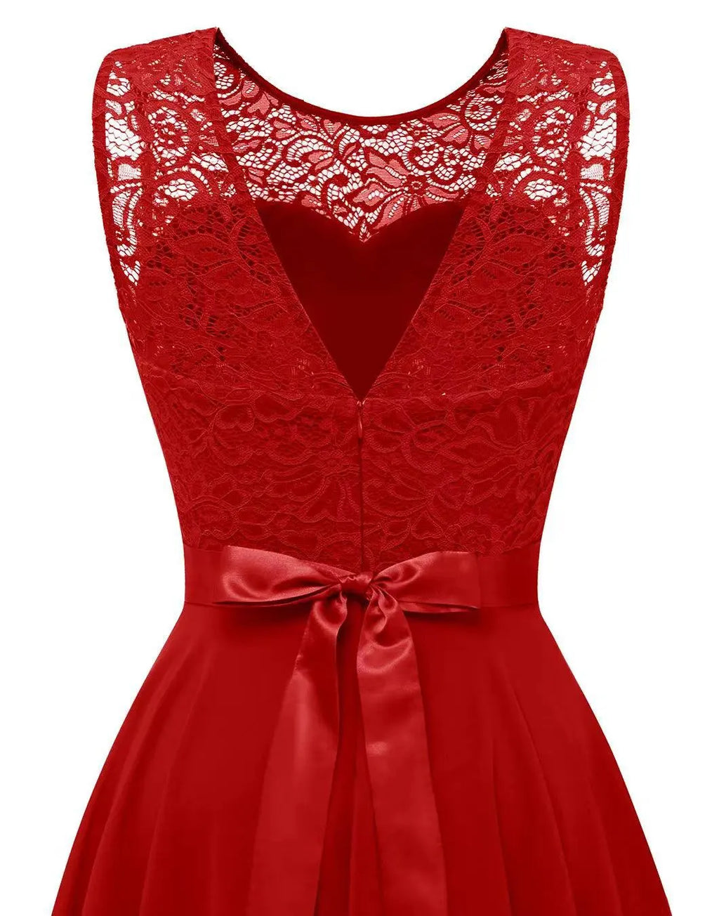Women's Sleeveless High-Low Dress with Lace Bodice and A-Line Skirt - 11