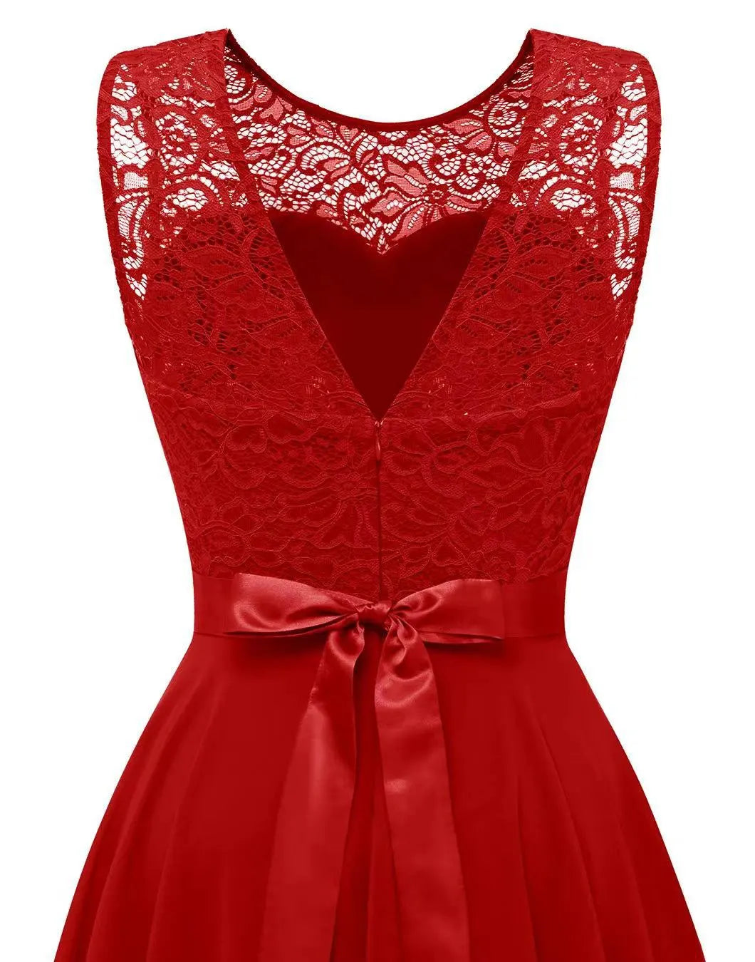 Women's Sleeveless High-Low Dress with Lace Bodice and A-Line Skirt - 11