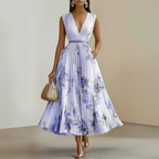 Women's Sleeveless Maxi Dress with V-Neck and Flowing A-Line Skirt - Purple