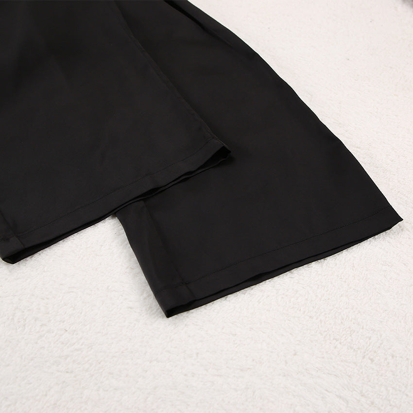 Satin Pyjama Set with Revere Collar and Wide Leg Trousers - 12