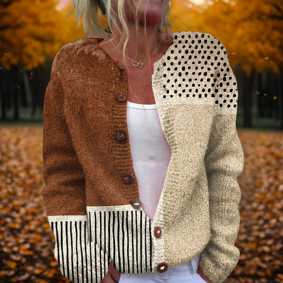 Women's Cardigan Long Sleeve with Colour Block and Polka Dot Print - Multicolour