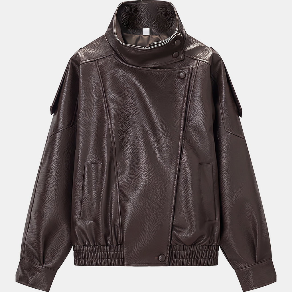 Women's Pebbled Faux Leather Bomber Jacket Oversized Stand Collar - 14