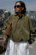 Women's Cropped Bomber Jacket with Collared Neckline and Oversized Sleeves - 6