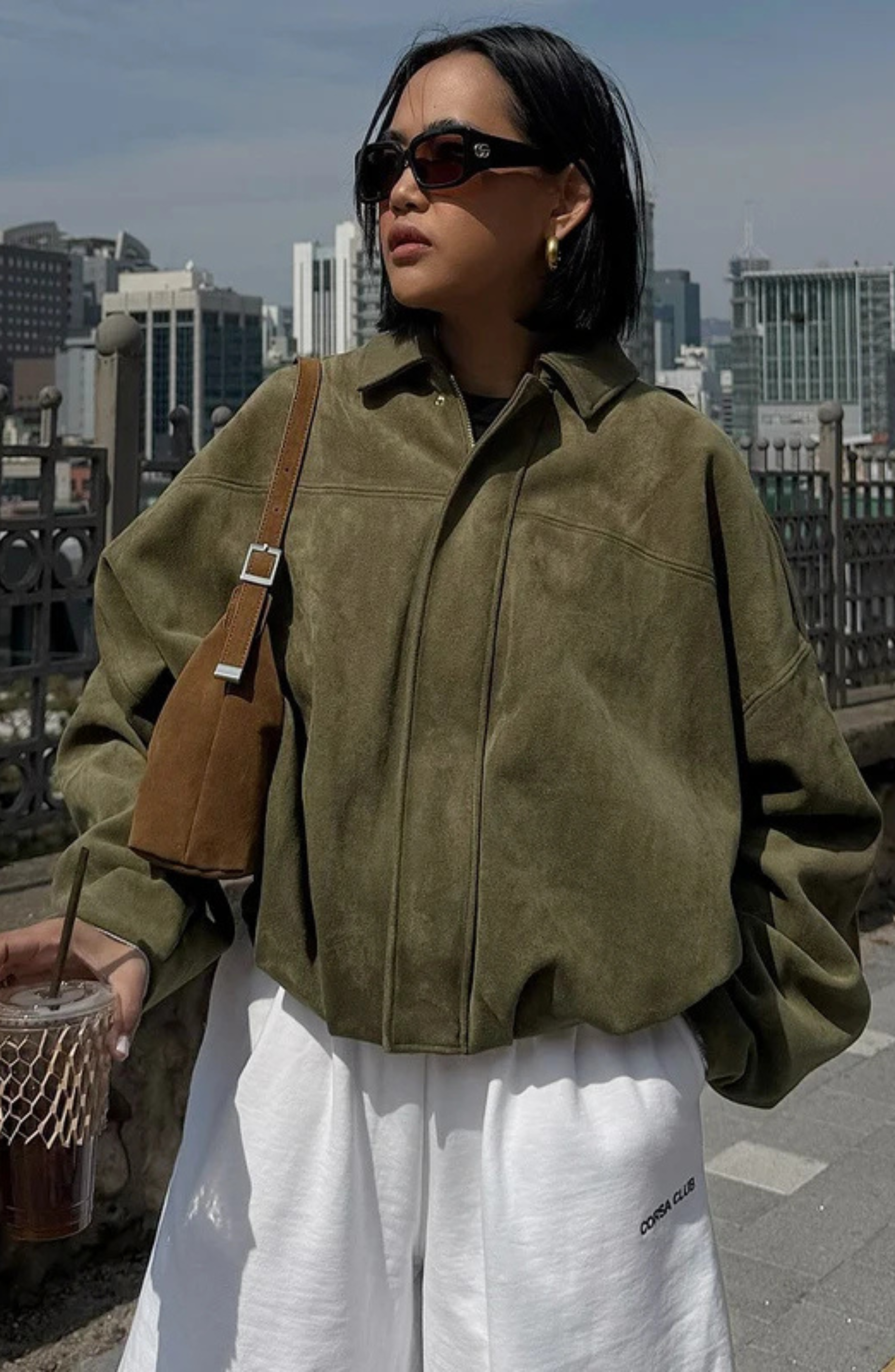 Women's Cropped Bomber Jacket with Collared Neckline and Oversized Sleeves - 6