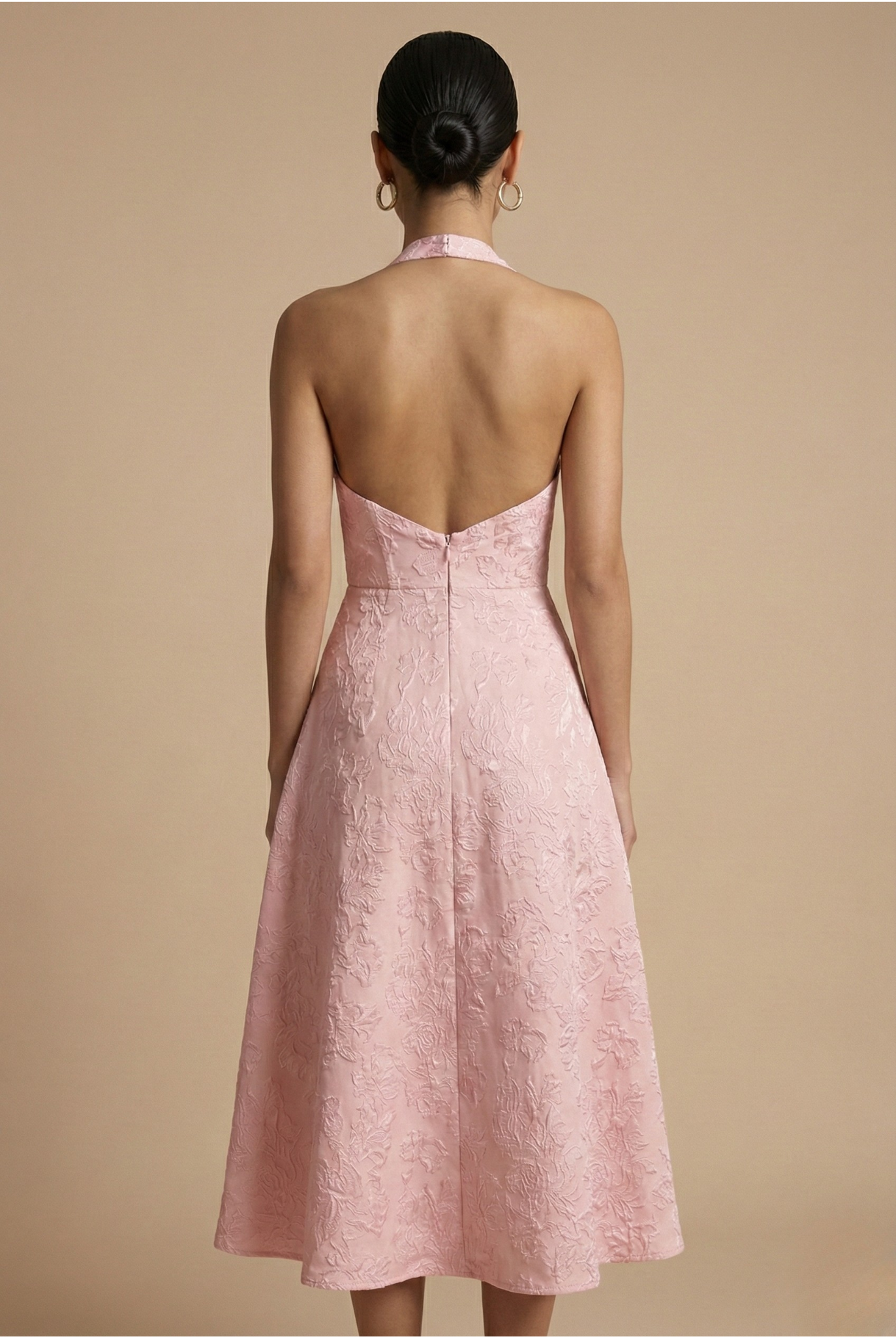 Women's Halter Corset Midi Dress with V-Neck and A-Line Skirt - 4