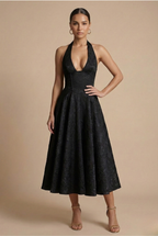 Women's Halter Corset Midi Dress with V-Neck and A-Line Skirt - Black