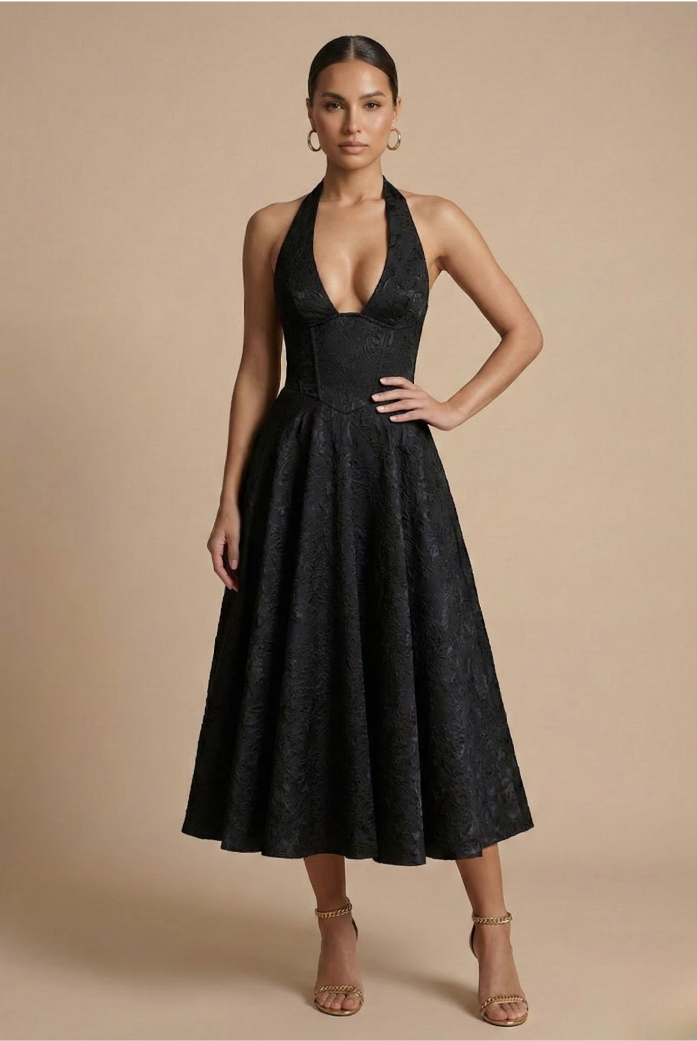Women's Halter Corset Midi Dress with V-Neck and A-Line Skirt - Black
