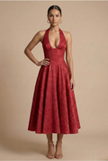 Women's Halter Corset Midi Dress with V-Neck and A-Line Skirt - Red