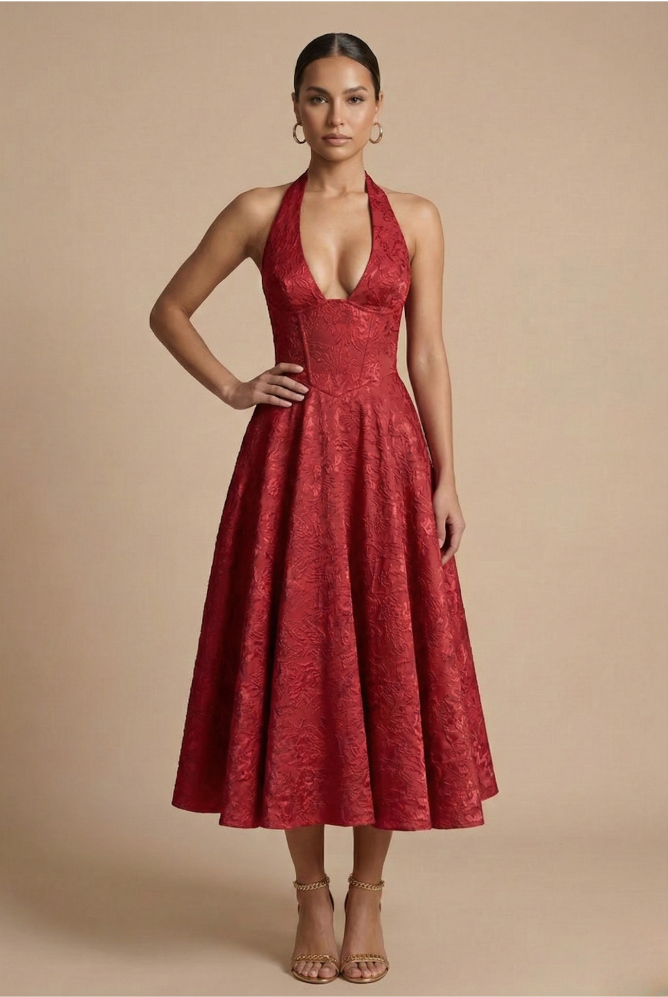 Women's Halter Corset Midi Dress with V-Neck and A-Line Skirt - Red