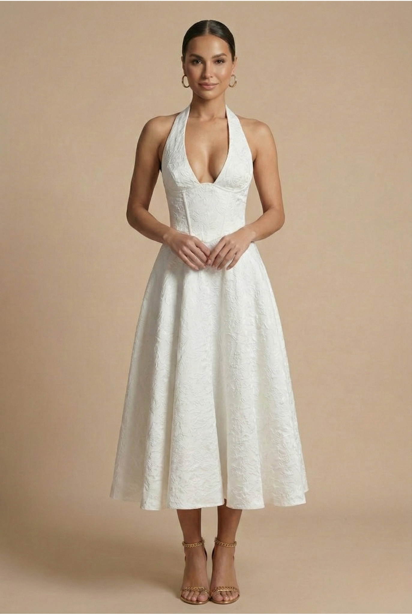 Women's Halter Corset Midi Dress with V-Neck and A-Line Skirt - White