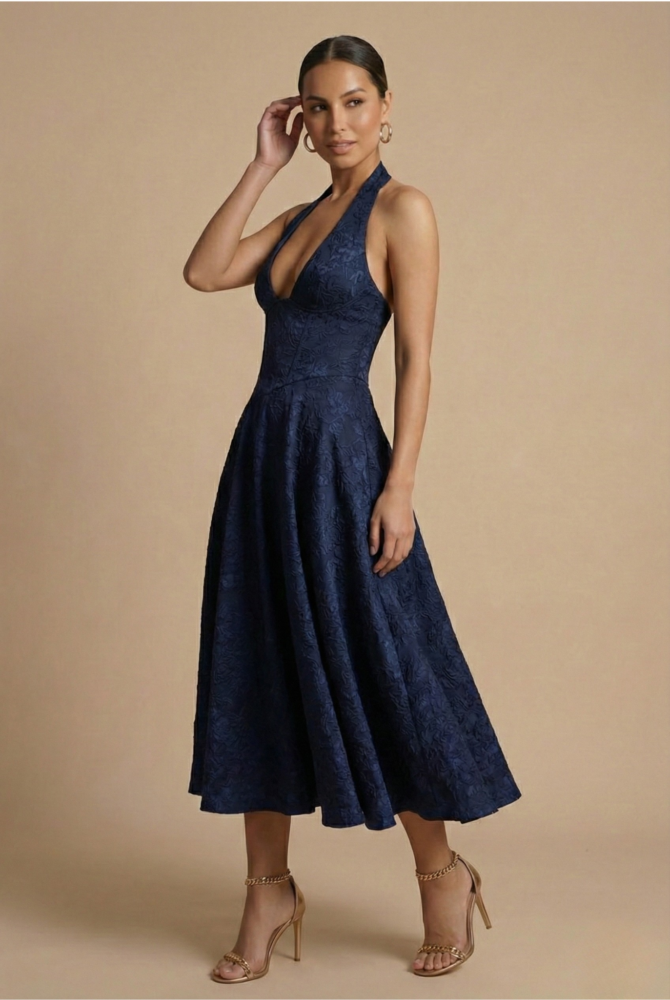 Women's Halter Corset Midi Dress with V-Neck and A-Line Skirt - Navy Blue