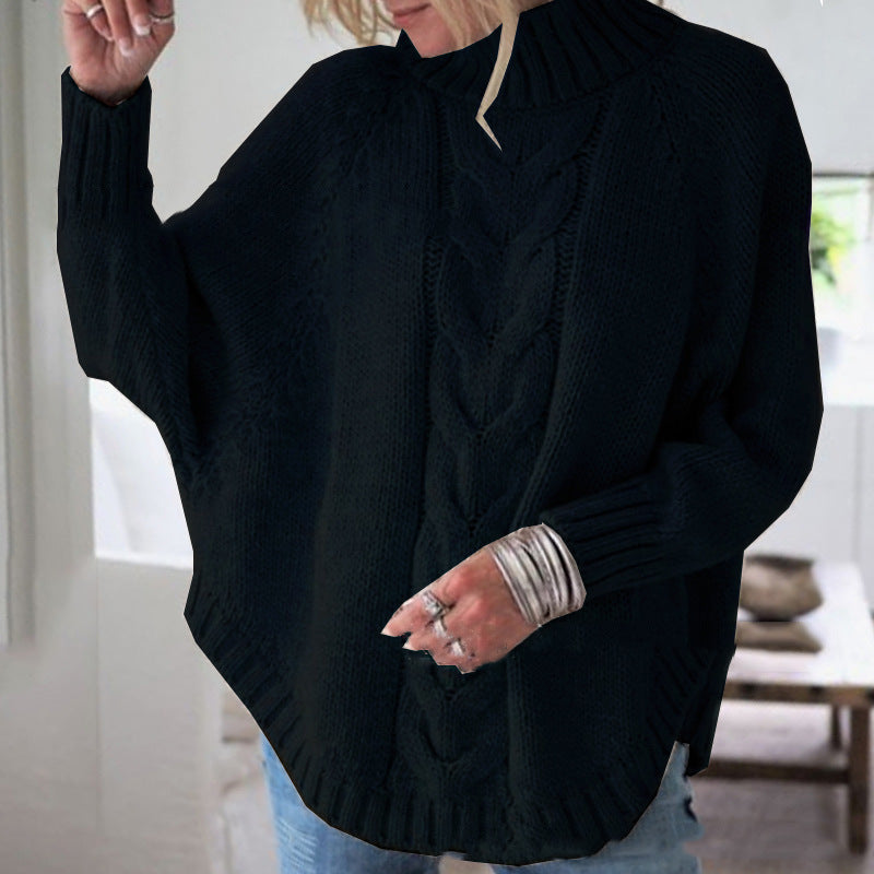Women's Cable Knit Turtleneck Jumper Oversized Fit - Black