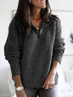 Women's Half-Zip Textured Jumper with Stand Collar - Dark Grey