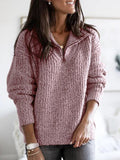 Women's Half-Zip Textured Jumper with Stand Collar - Red