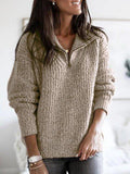 Women's Half-Zip Textured Jumper with Stand Collar - Khaki