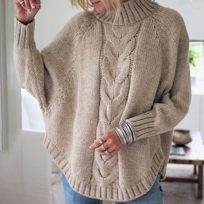 Women's Cable Knit Turtleneck Jumper Oversized Fit - Khaki