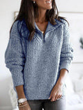 Women's Half-Zip Textured Jumper with Stand Collar - Blue
