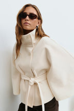 Women's Cape Coat with High Collar and Bow Belt - Beige