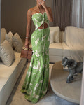 Women's Halter Tropical Print Maxi Dress with Cutout and Tied Waist - Green