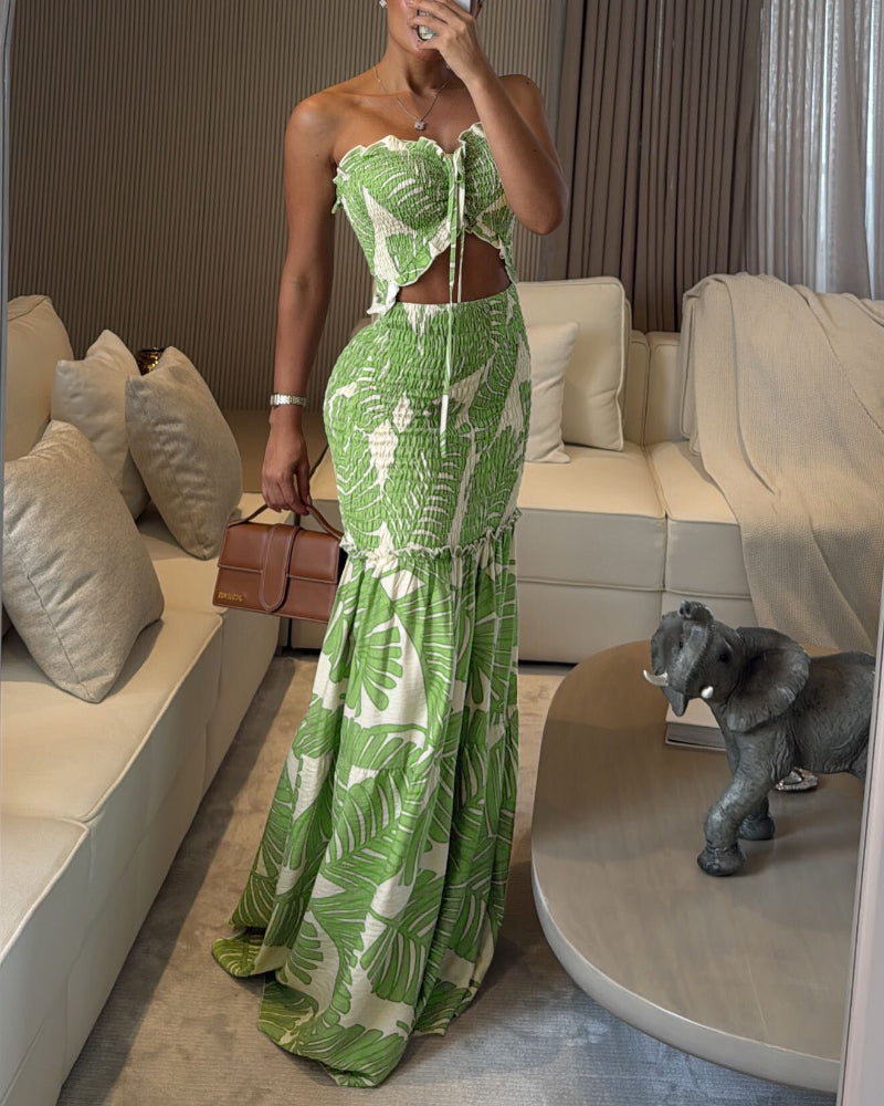 Women's Halter Tropical Print Maxi Dress with Cutout and Tied Waist - Green