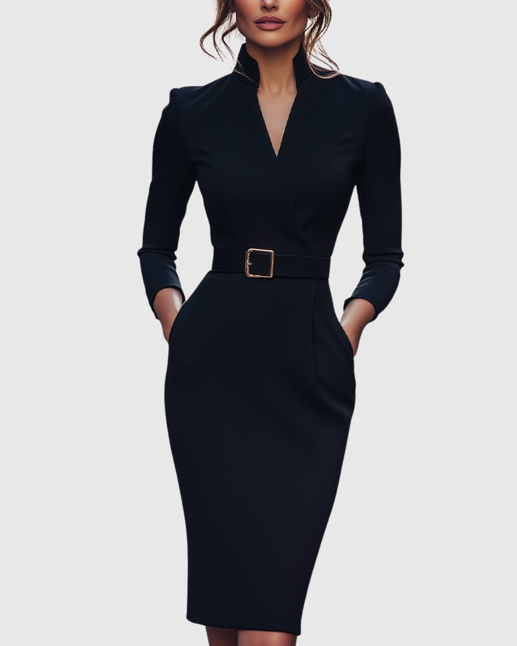 Women's Pencil Midi Dress with Wrap Neckline and Three-Quarter Sleeves - Black