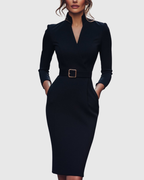Women's Pencil Midi Dress with Wrap Neckline and Three-Quarter Sleeves - Black