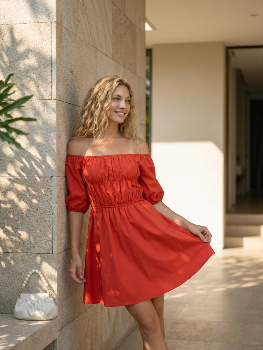 Women's Off-Shoulder Mini Dress with Puff Sleeves and A-Line Silhouette - 4