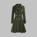 Women's Double-Breasted Long Sleeve Coat with Pleated Skirt - Army Green