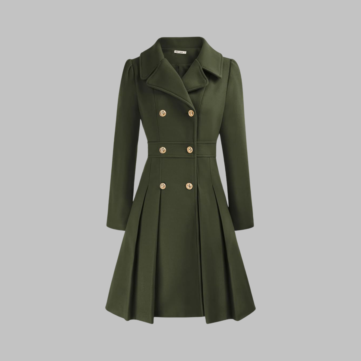 Women's Double-Breasted Long Sleeve Coat with Pleated Skirt - Army Green