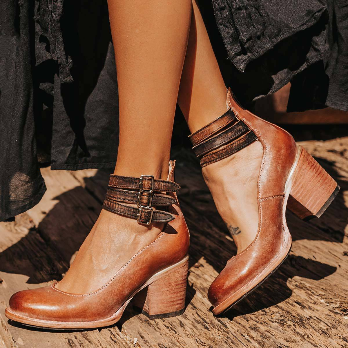 Women Block-Heel Shoes with Double Ankle Buckle Straps - Dark Brown (Almost Sold Out)