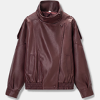 Women's Pebbled Faux Leather Bomber Jacket Oversized Stand Collar - 15