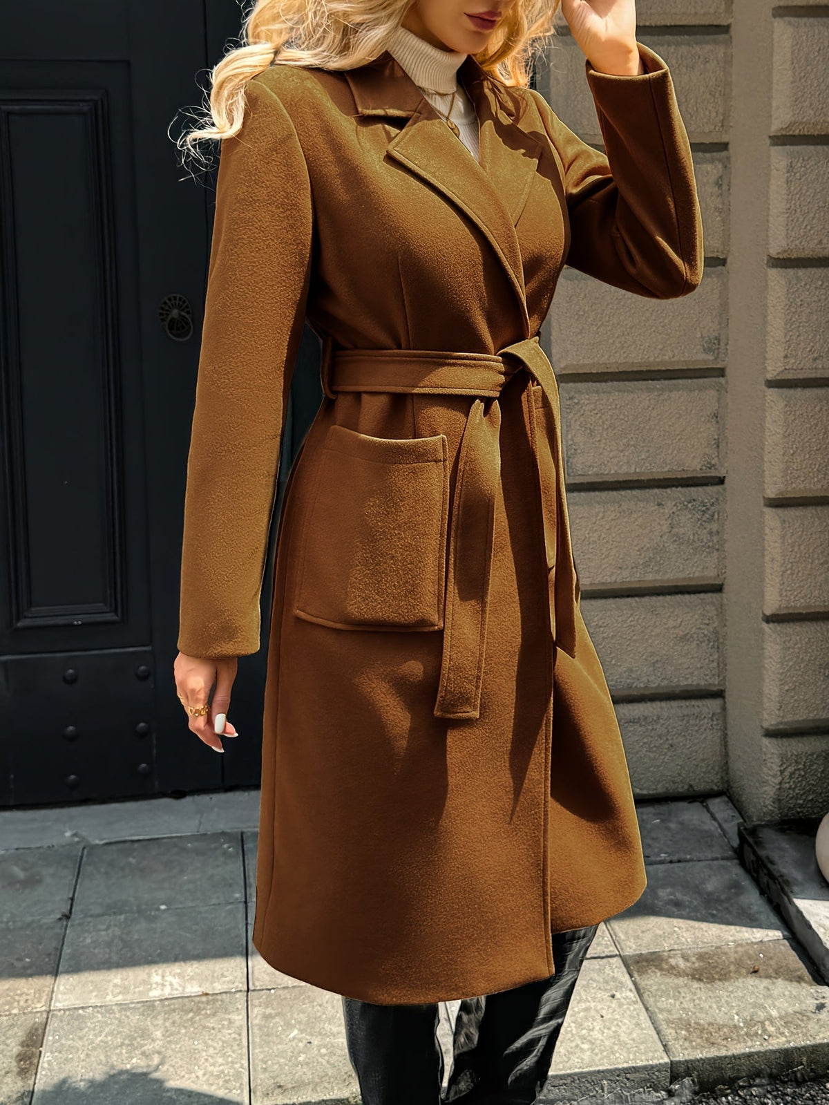 Women's Belted Long Coat Notch Lapel Front Pockets - 12