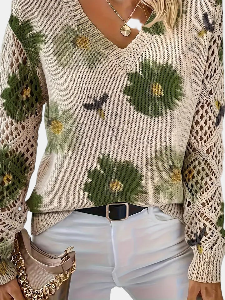 Women's Jumper V-Neck Floral Print with Crochet Sleeves - 5