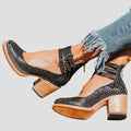 Women's Ankle Boots with Double Buckle Straps and Block Heel - Black Snake