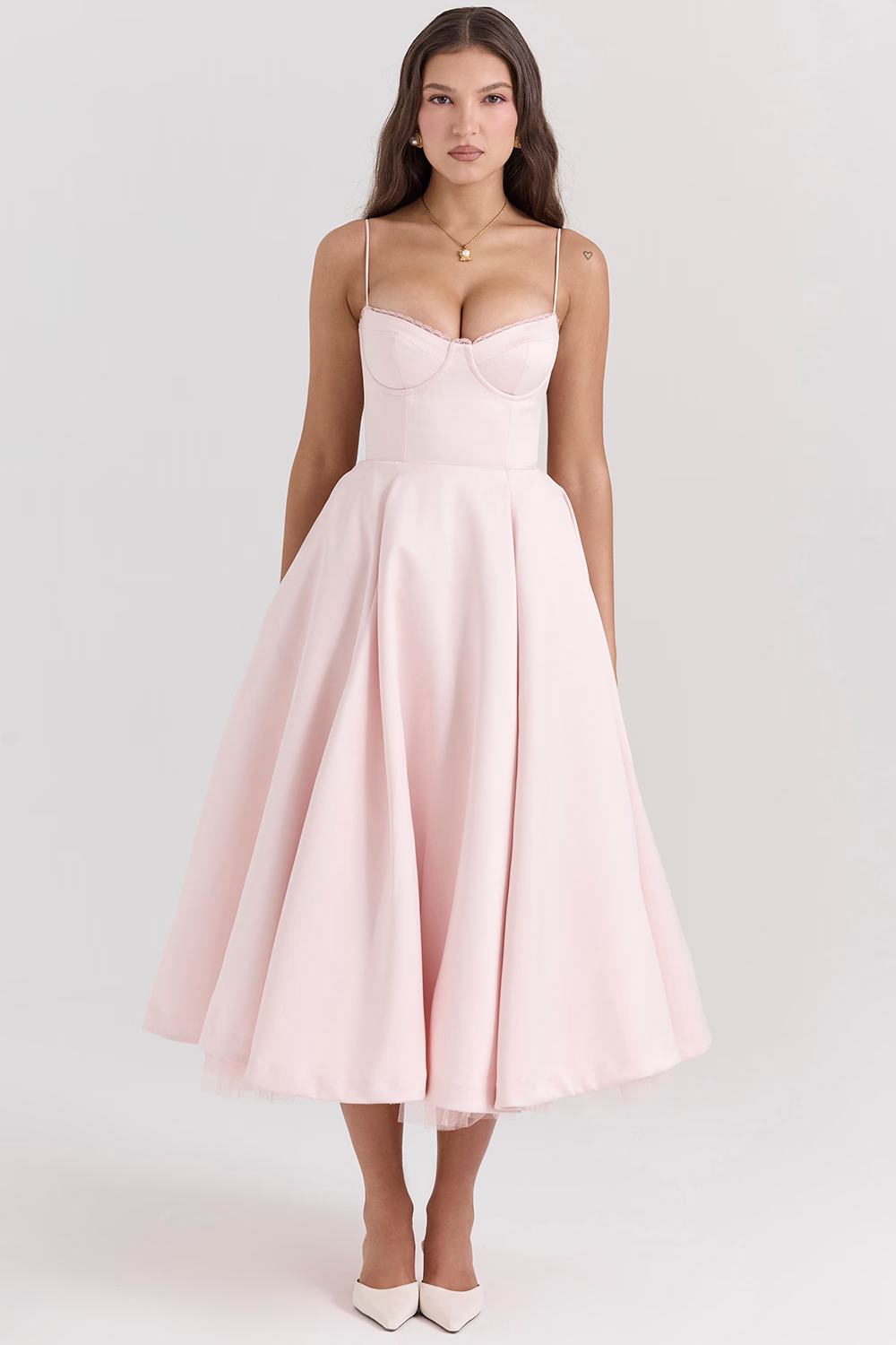 Women's Corset Midi Dress with A-Line Skirt and Sweetheart Neckline - Pink