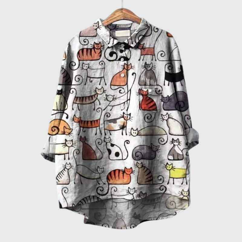 Women's Blouse with Collar and Cat Print - White