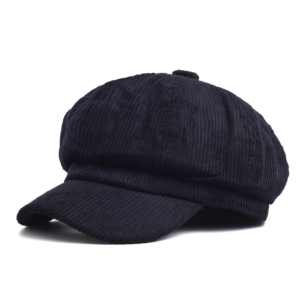 Women's Newsboy Cap with Ribbed Texture and Rounded Panels - Navy Blue