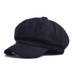 Women's Newsboy Cap with Ribbed Texture and Rounded Panels - Navy Blue