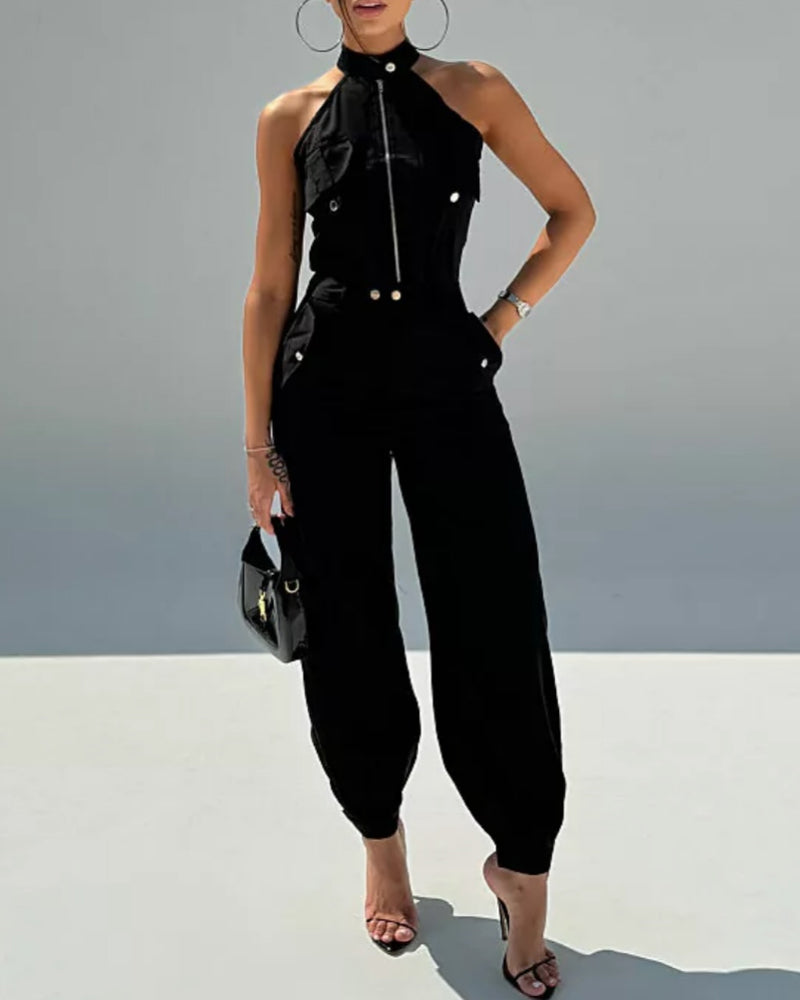 Women's Two-Piece Set Sleeveless High Neck Cargo Top and Cuffed Trousers - 13
