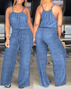 Women's Spaghetti Strap Jumpsuit with Tied Waist and Wide Leg - Blue