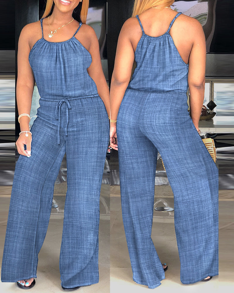 Women's Spaghetti Strap Jumpsuit with Tied Waist and Wide Leg - Blue