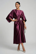 Women's Batwing Midi Dress with Jewel Neckline and Draped Waist - Wine Red
